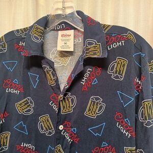 Coors Beer Men's M Neon Sign Print Hawaiian Shirt Black Short Sleeve Rayon‎
